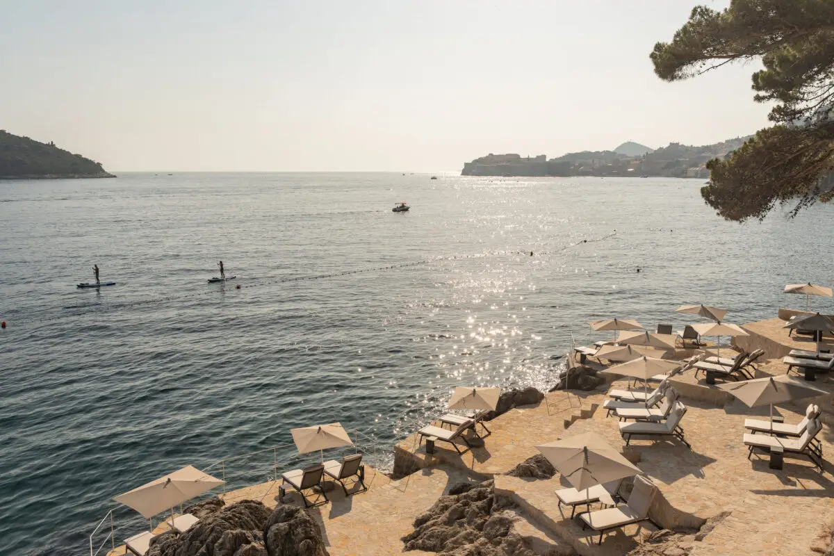 Luxury sunbeds at Villa Dubrovnik, a Croatia destination wedding hotel, overlooking the Adriatic Sea.