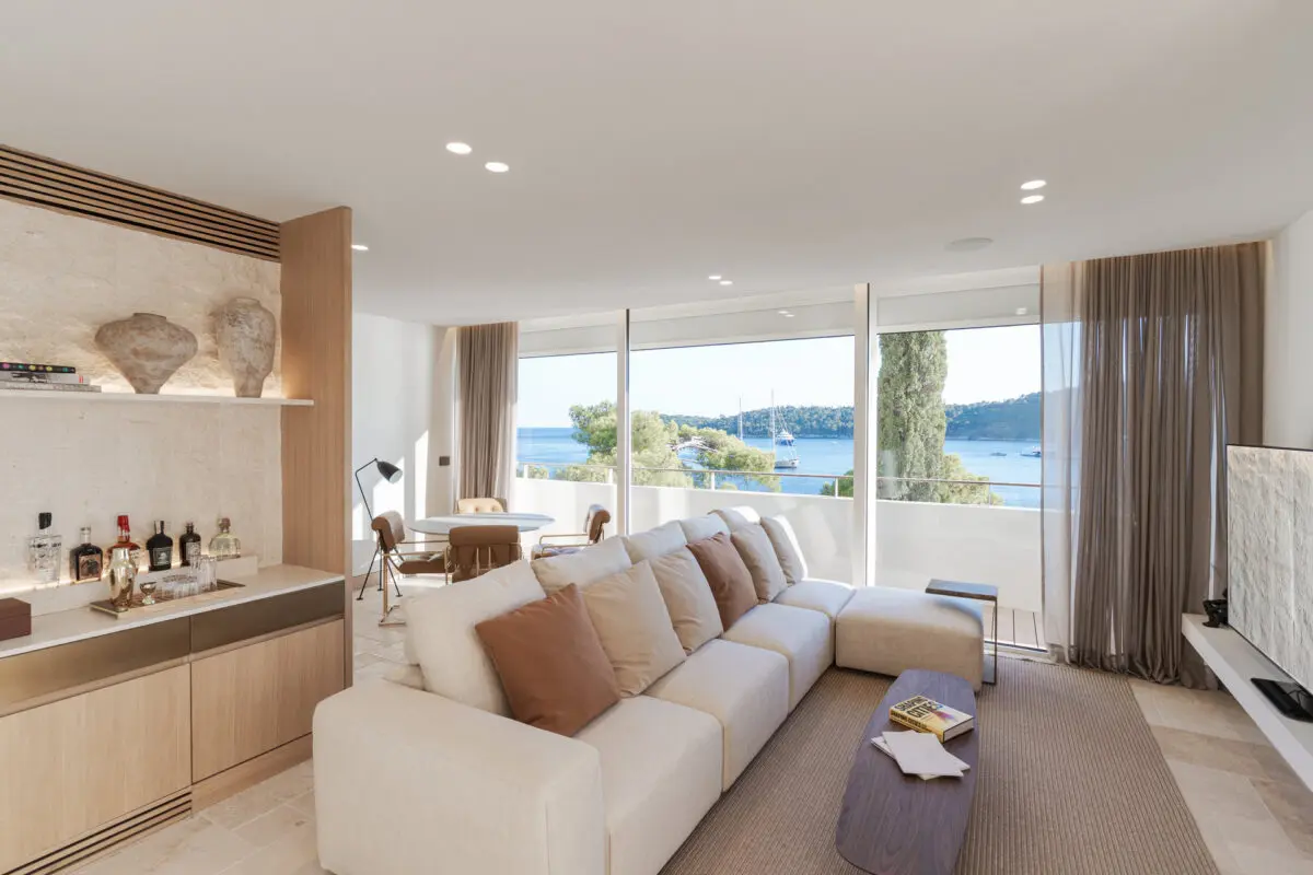 Villa Dubrovnik hotel living room with ocean view. Croatia destination wedding venue.