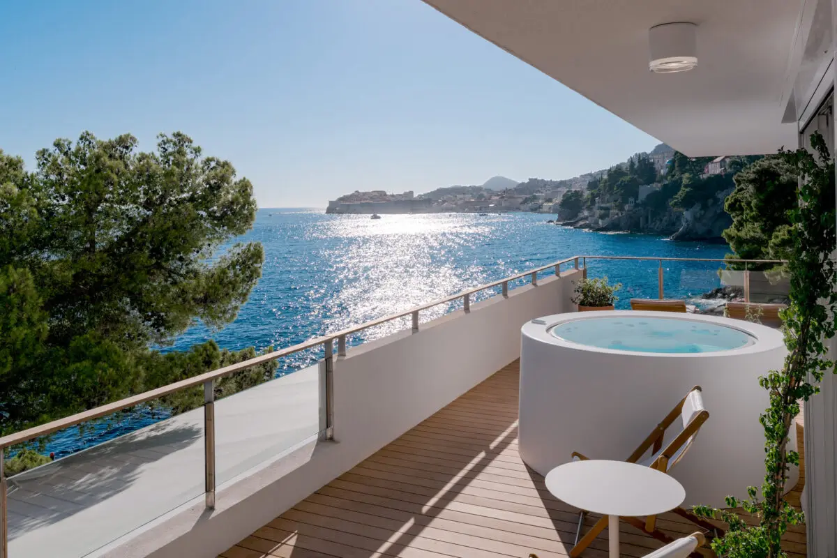 Villa Dubrovnik balcony with jacuzzi overlooking the Adriatic Sea, a beautiful Croatia destination wedding hotel.