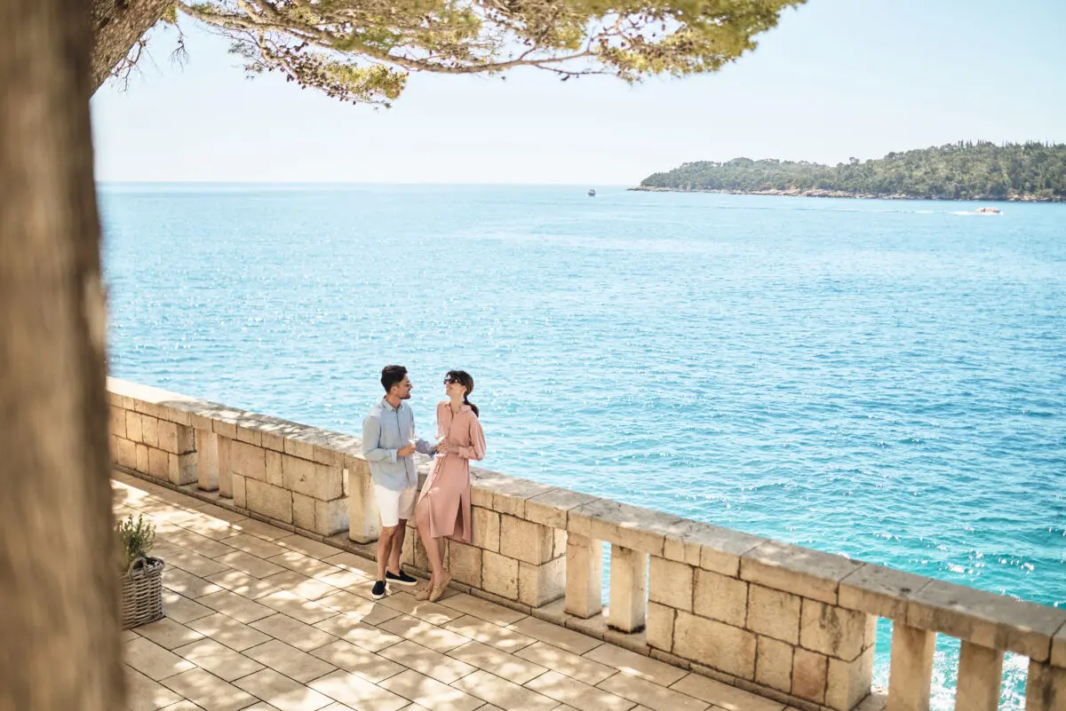 Couple at Villa Dubrovnik, a Croatia destination wedding hotel, overlooking the Adriatic Sea.