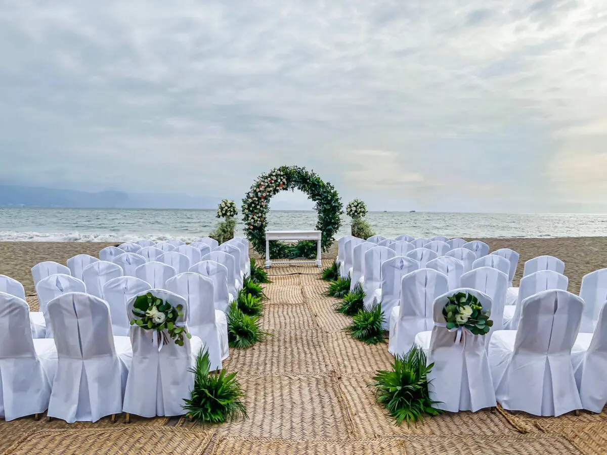 Beach wedding ceremony at Velas Vallarta resort in Puerto Vallarta.