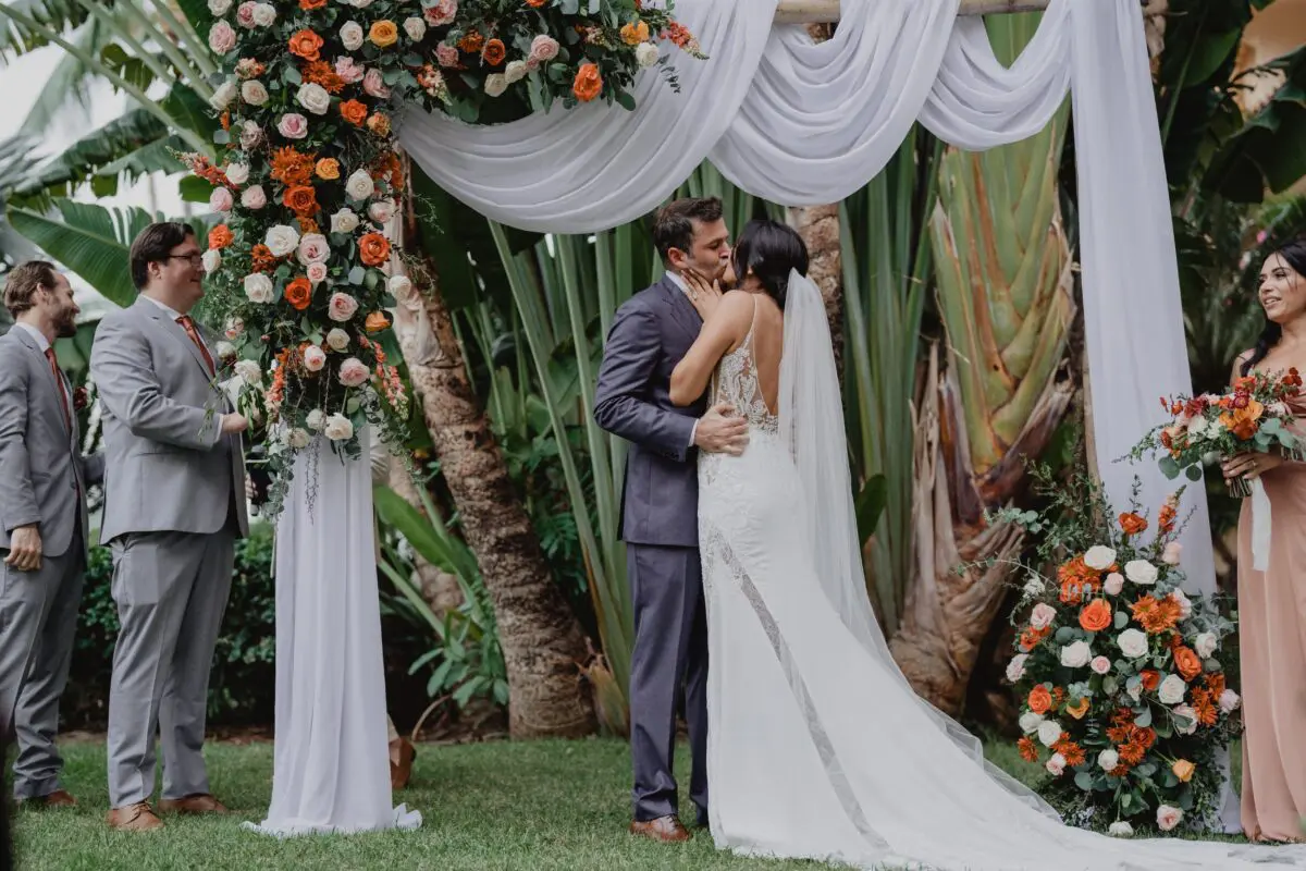 Bride and groom kiss at a beautiful Puerto Vallarta wedding ceremony