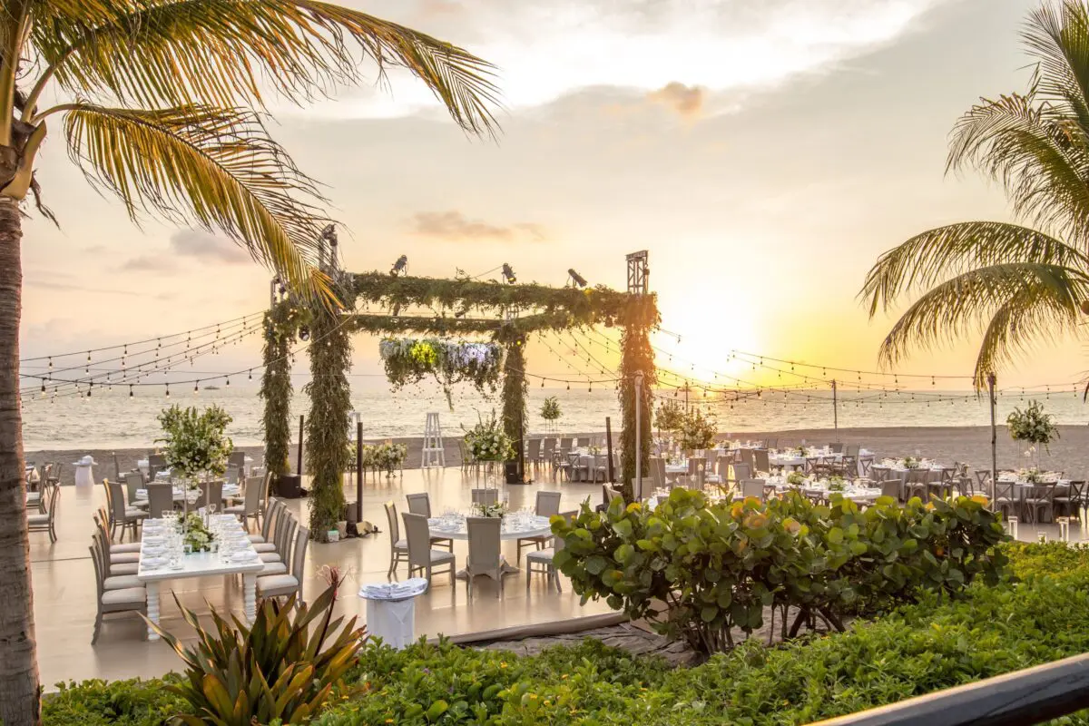 Beachfront wedding reception setup at Velas Vallarta in Puerto Vallarta.