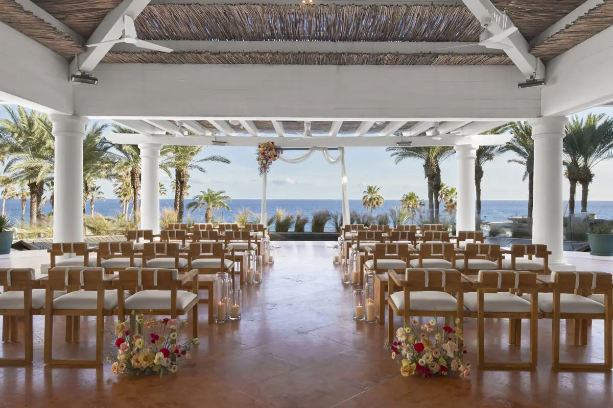 Los Cabos destination wedding setup at Hilton Los Cabos with ocean view.