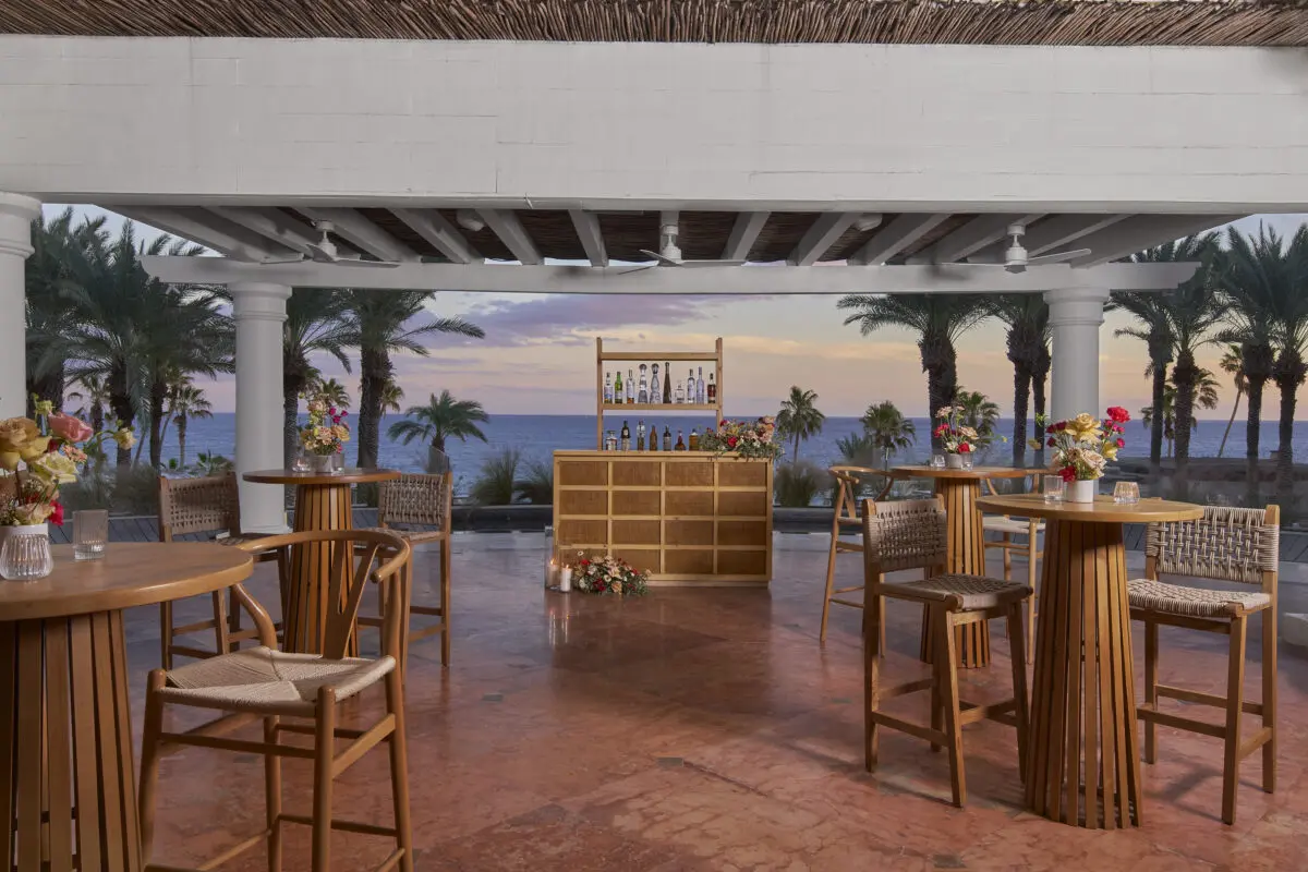 Los Cabos destination wedding bar setup at Hilton Los Cabos with ocean view.