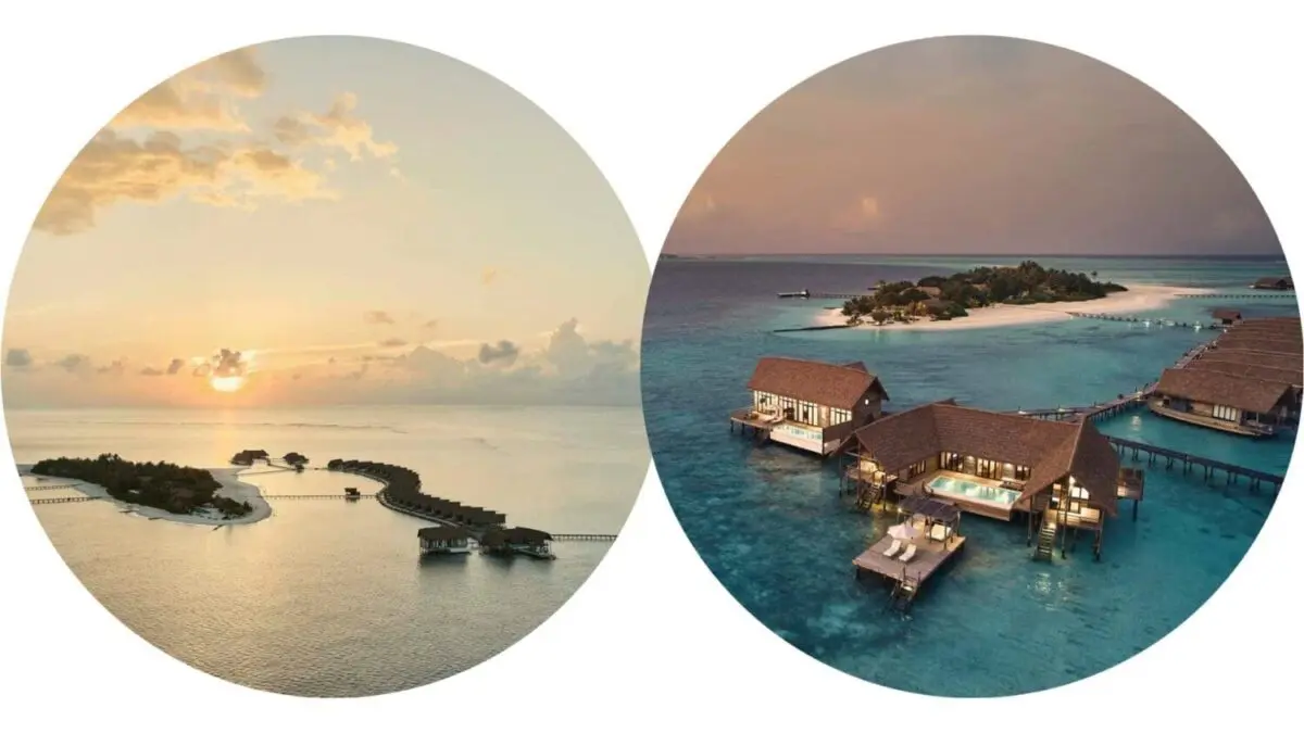 Overwater bungalows in the Maldives, ideal for honeymoon travel, with sunset and daytime views.