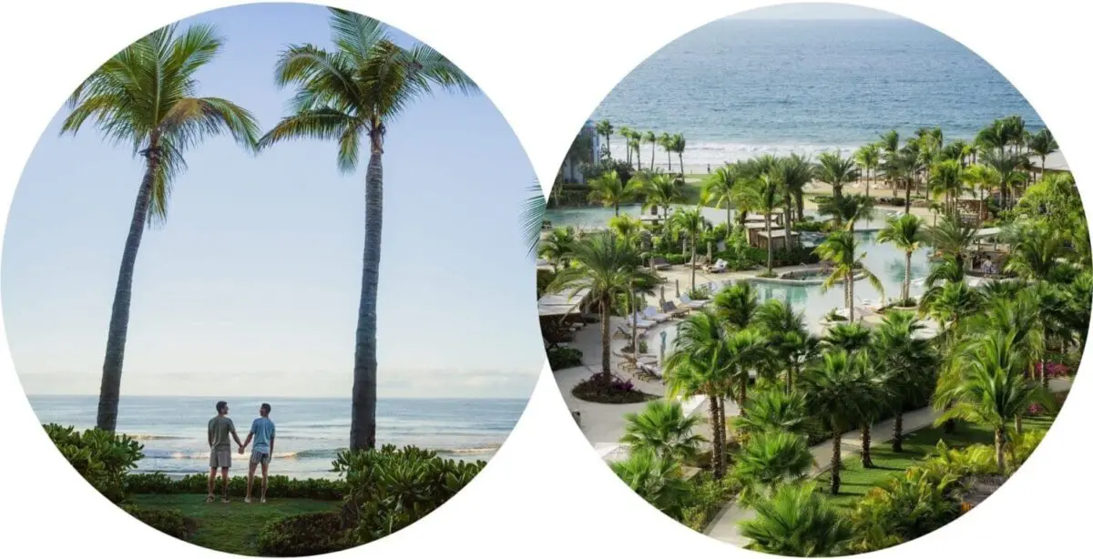 Romantic honeymoon couple on beach, idyllic resort view