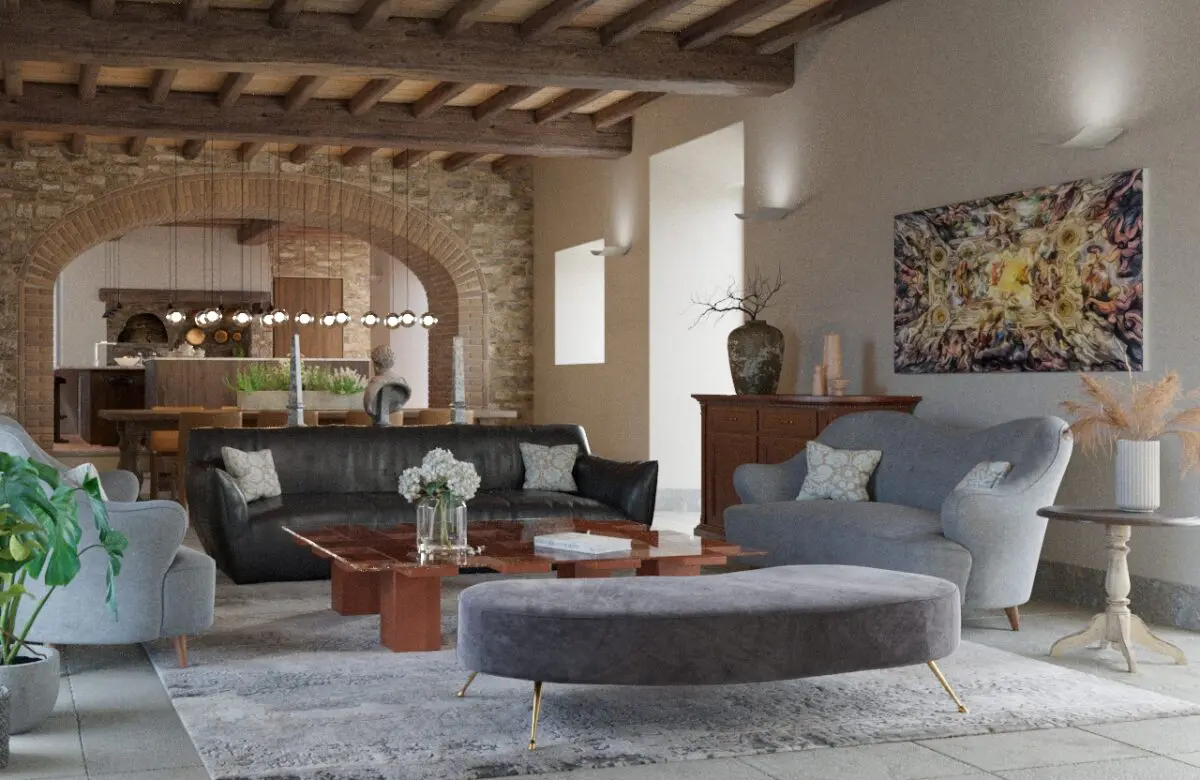 Elegant living room in Villa Santo Stefano alle Corti with stone archway, sofas, and rustic wooden beams.