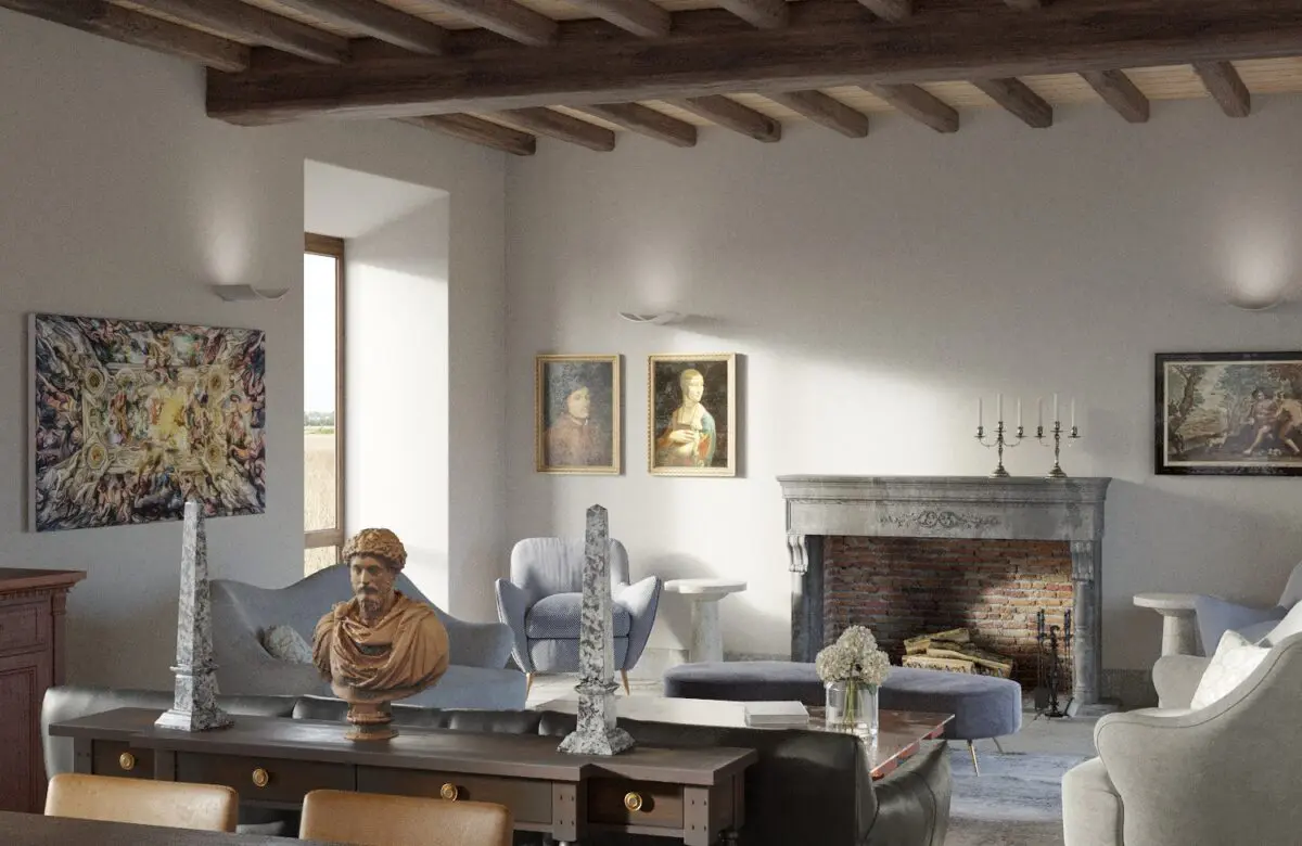 Villa Santo Stefano alle Corti living room with stone fireplace, art, and classic Italian decor.