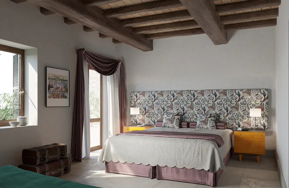 Villa Santo Stefano bedroom with beamed ceiling, patterned headboard, and natural light.