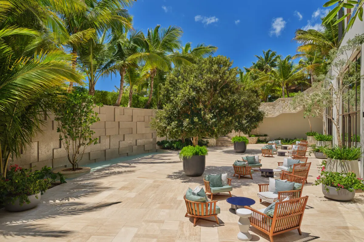 Luxury outdoor lounge area at The St. Regis Cap Cana Resort, a top choice for exclusive wedding resorts in Punta Cana.