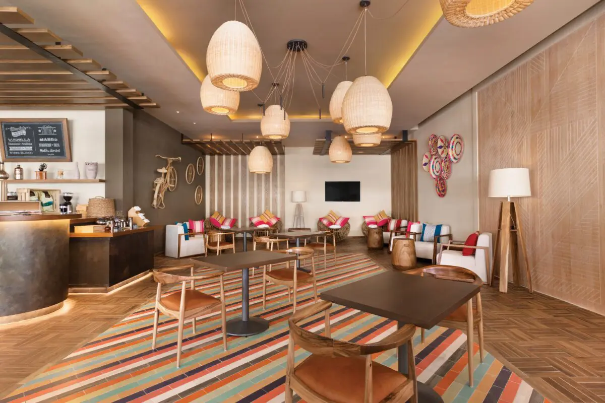 Interior view of Hyatt Ziva Cancun, a luxury wedding venue, with stylish seating and decor.