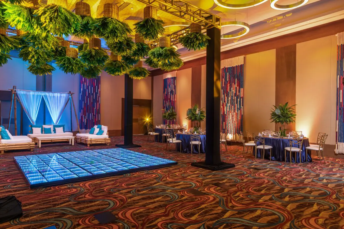 Hyatt Ziva Cancun luxury wedding venue with a blue dance floor and decorated tables.