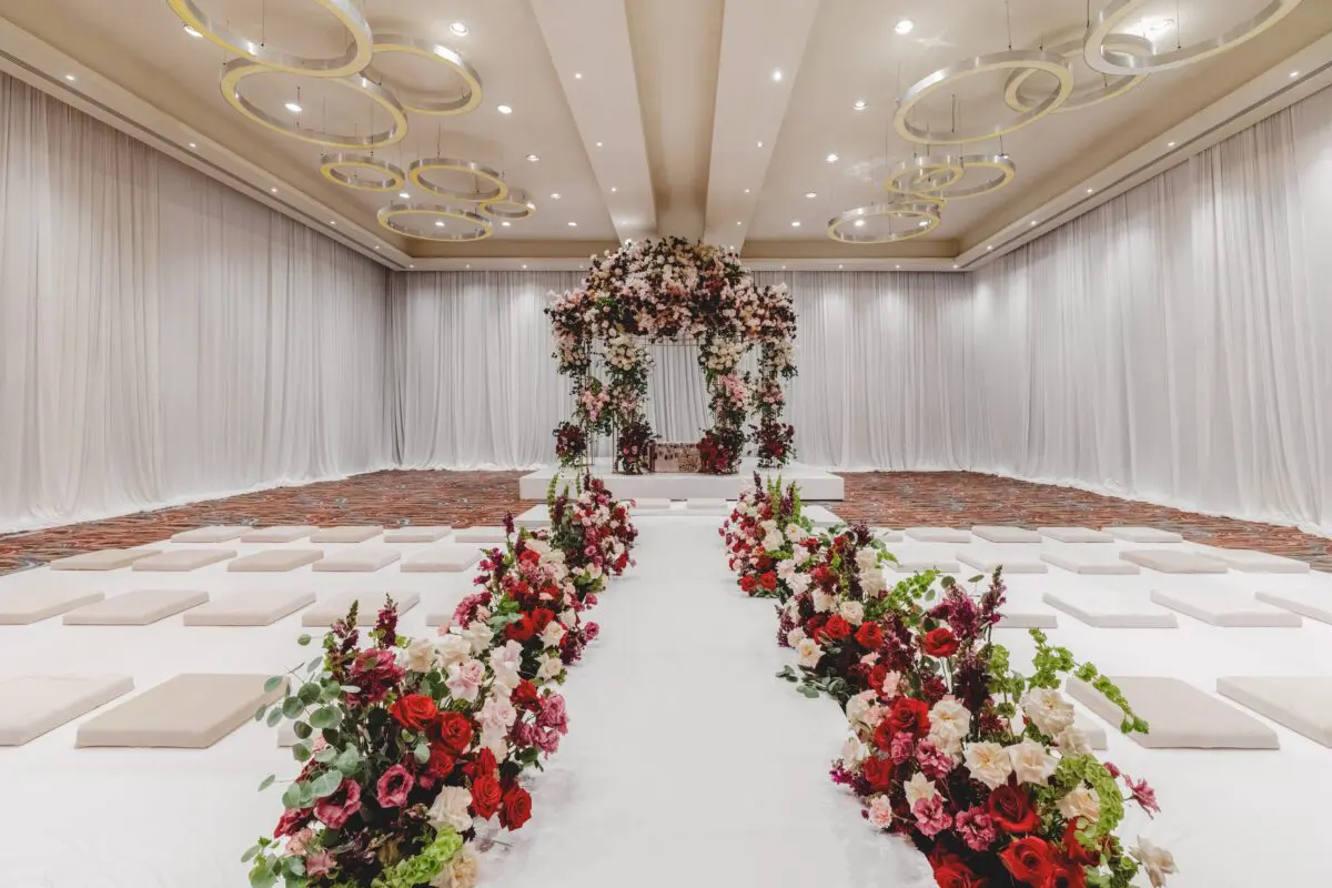 Luxury wedding venue in Cancun with floral arch and aisle decorations at the Hyatt Ziva Cancun.