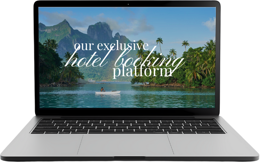 Laptop displaying "Our exclusive hotel booking platform" with a tropical island backdrop.