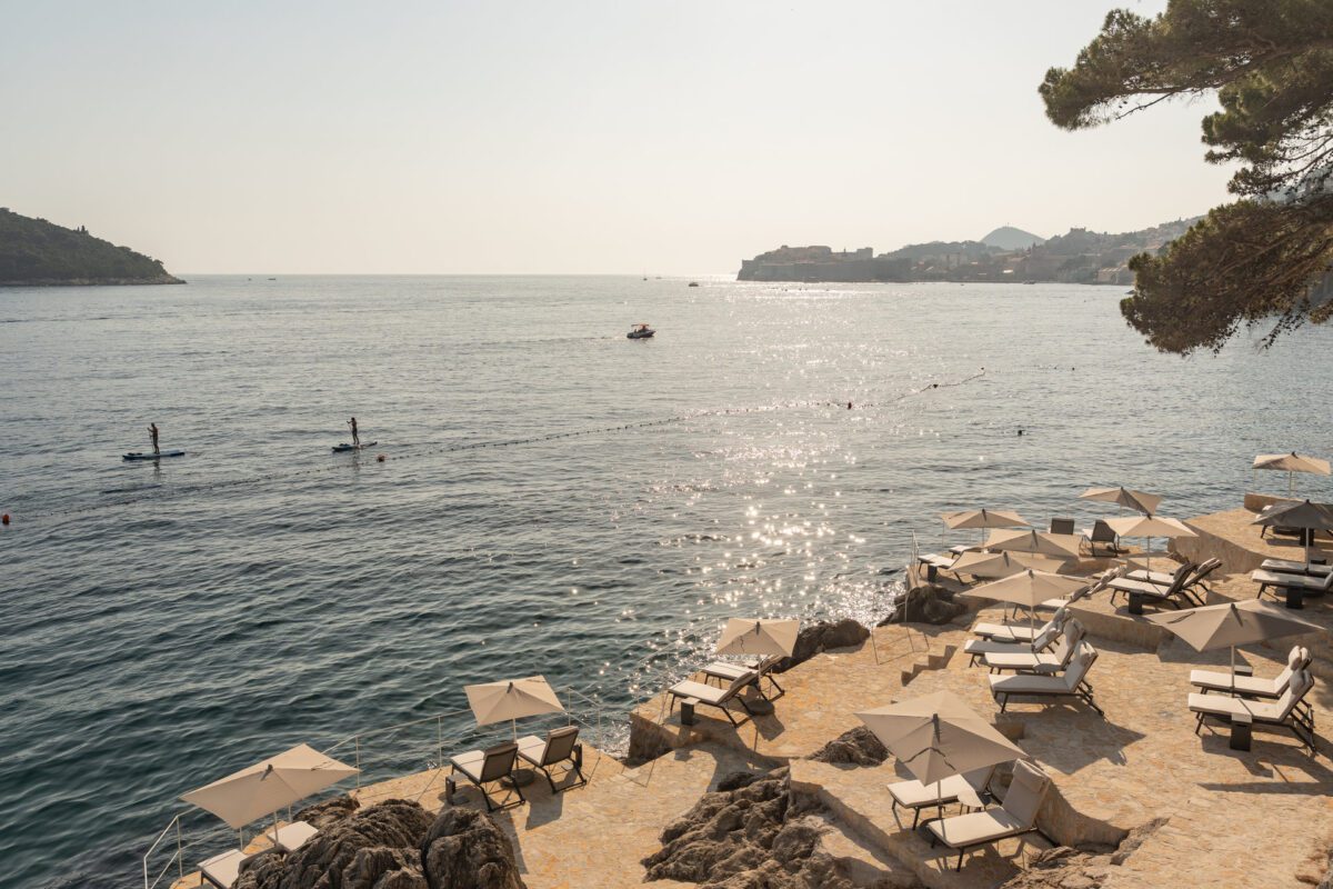 Luxury sunbeds at Villa Dubrovnik, a Croatia destination wedding hotel, overlooking the Adriatic Sea.