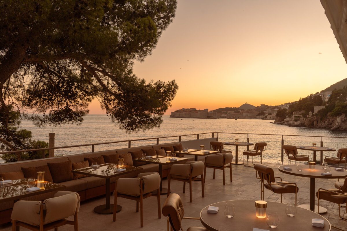 Villa Dubrovnik hotel terrace at sunset overlooking the Adriatic Sea, a perfect Croatia destination wedding venue.