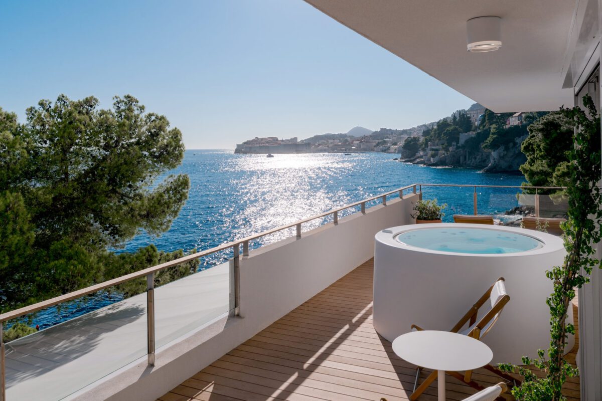 Villa Dubrovnik balcony with jacuzzi overlooking the Adriatic Sea, a beautiful Croatia destination wedding hotel.