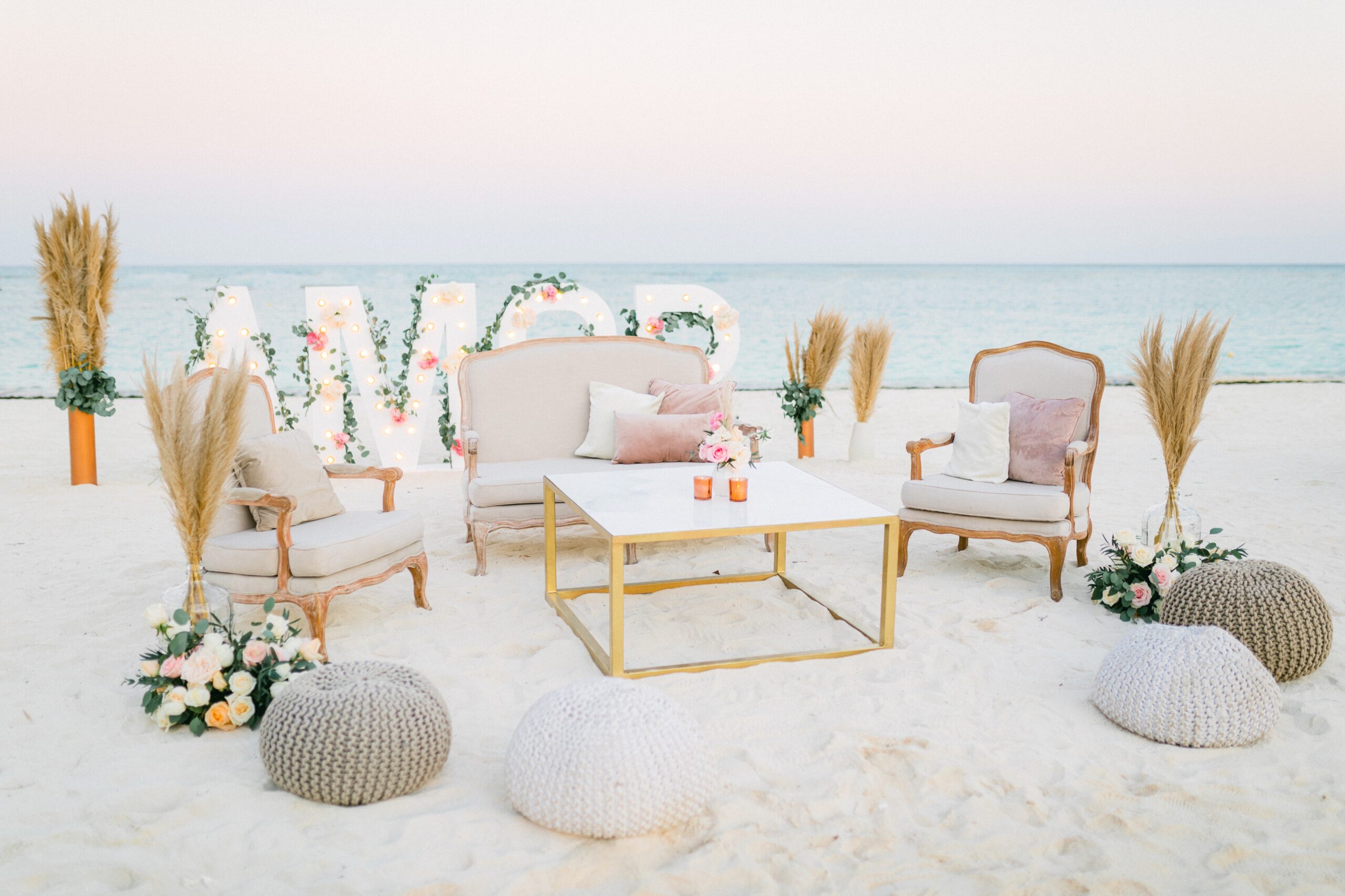 Beach wedding lounge area at Banyan Tree Mayakoba, Riviera Maya Ceremonies.