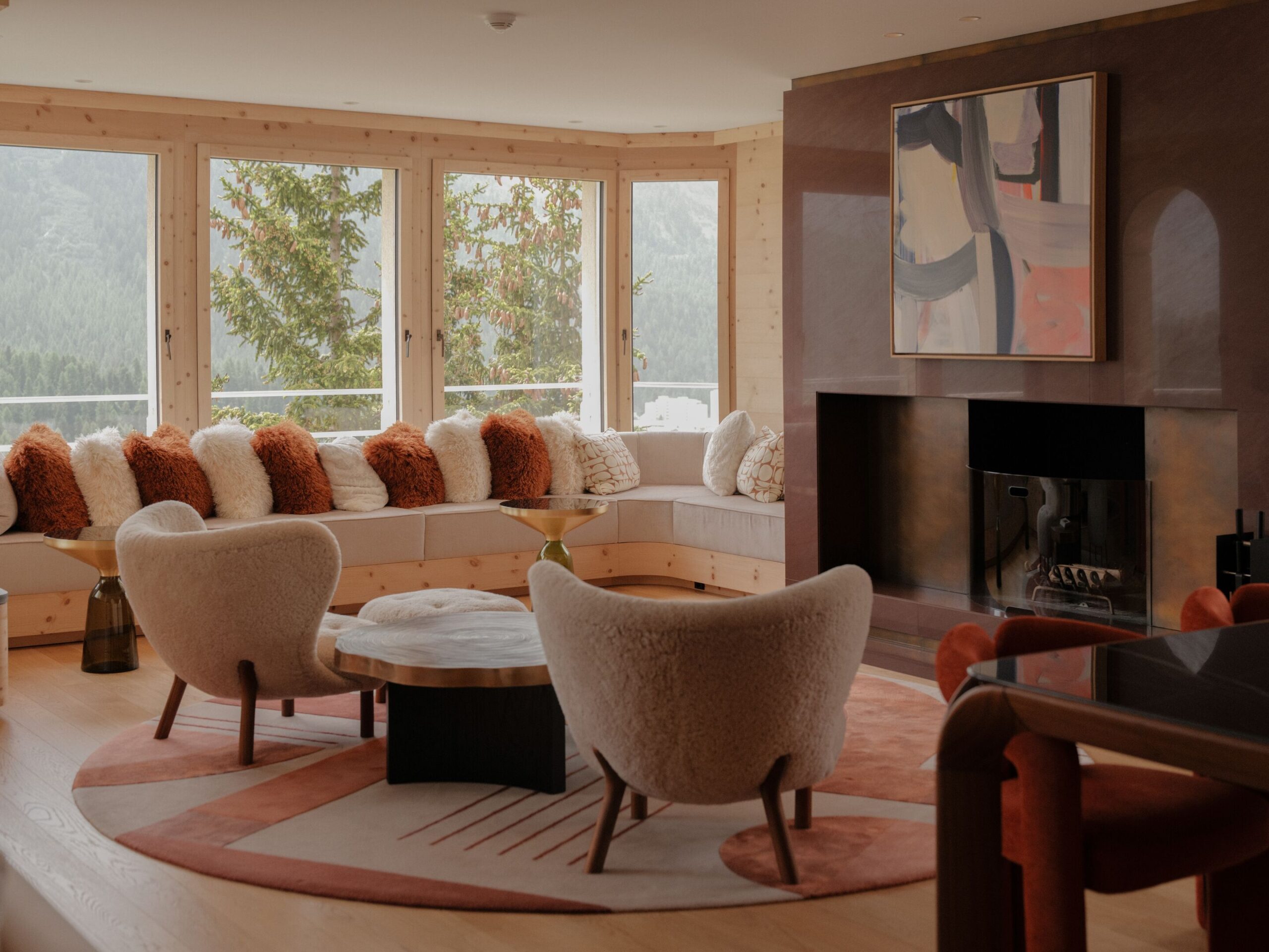 Kulm Hotel St. Moritz living room with mountain view.