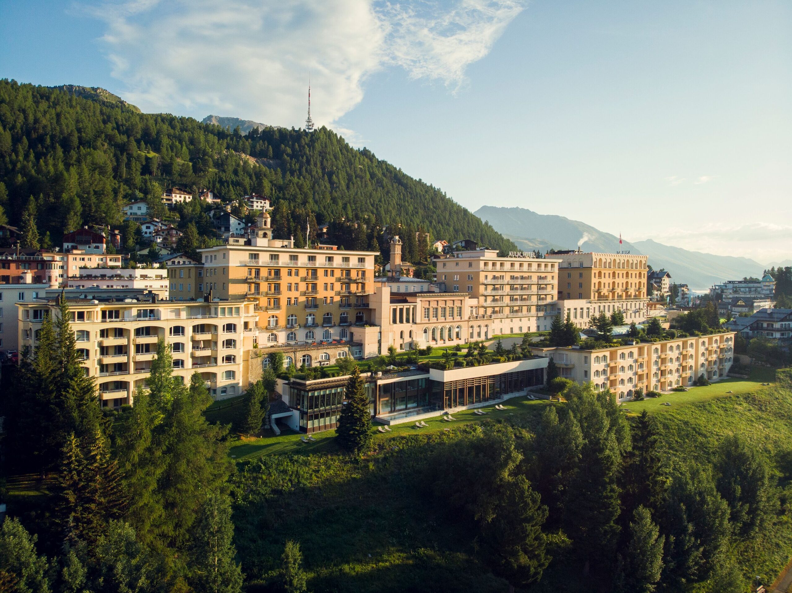 Kulm Hotel St. Moritz in Switzerland, set against a mountain backdrop. Ideal for a Switzerland wedding.
