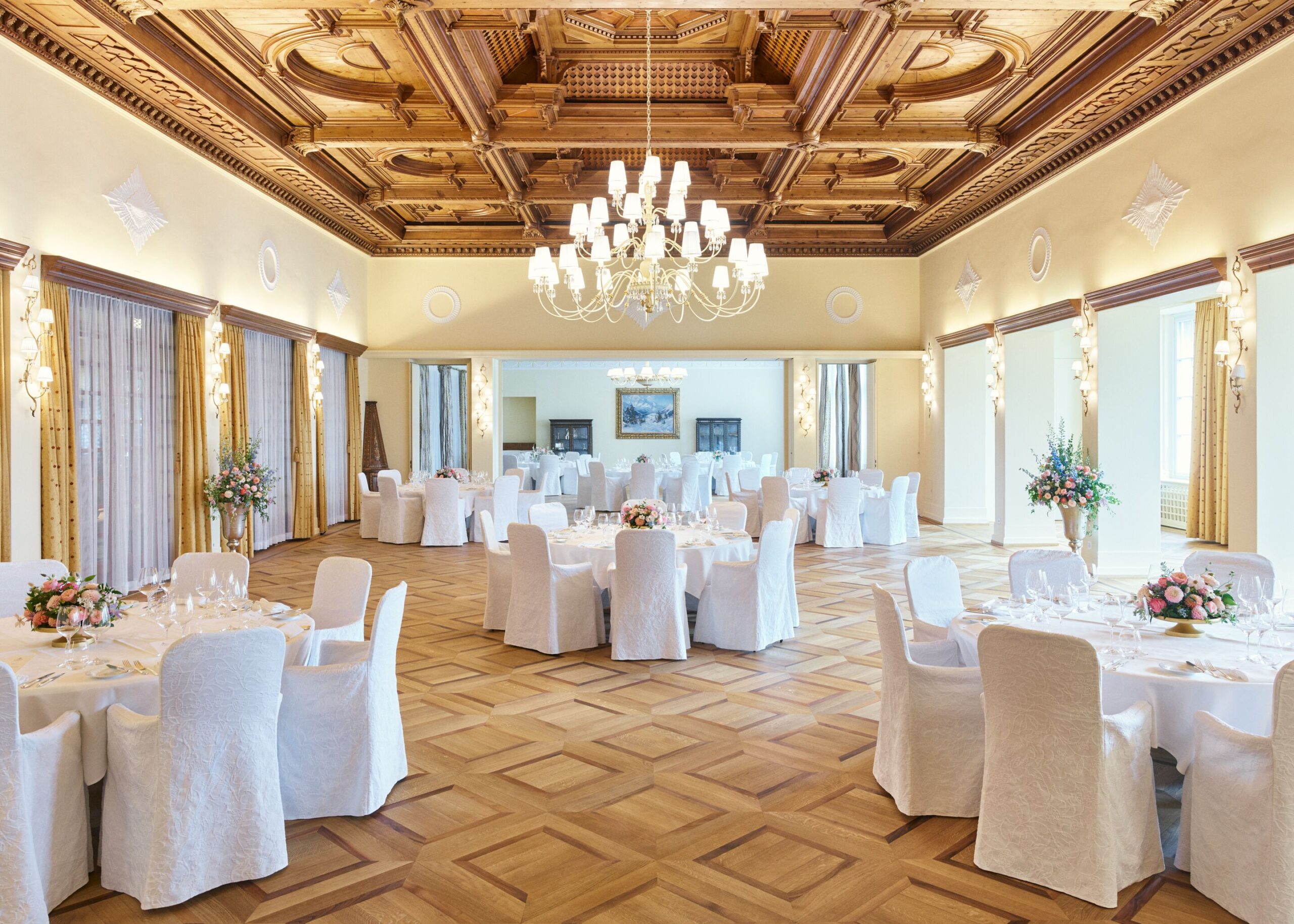 Elegant wedding reception at Kulm Hotel St. Moritz, Switzerland.