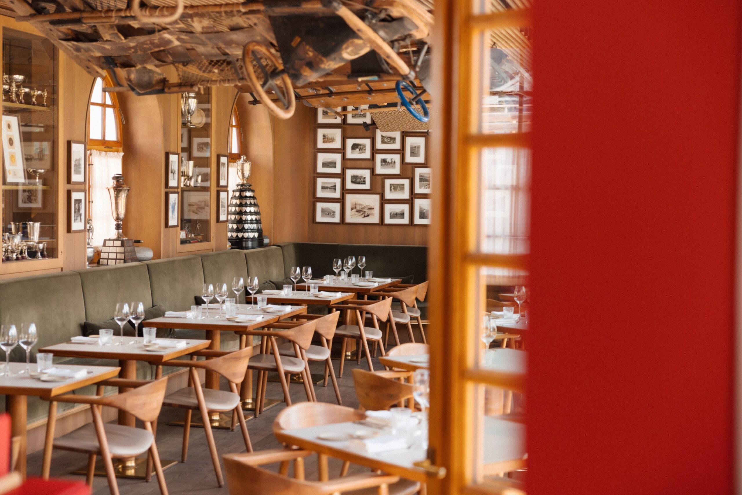 Elegant dining room at Kulm Hotel St. Moritz, Switzerland, set for a wedding reception.