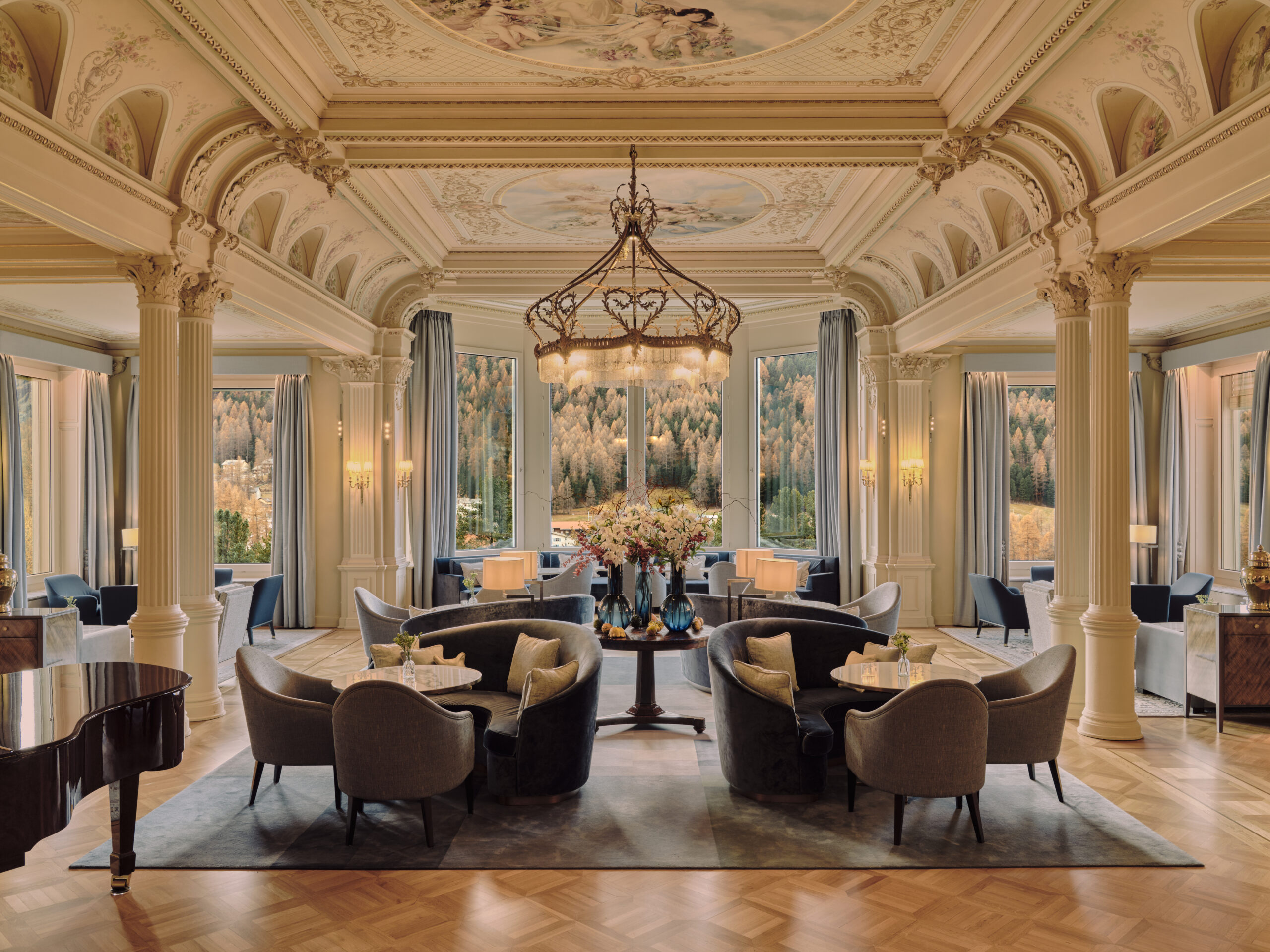 Elegant hotel lounge with mountain views, perfect for a Swiss Alps wedding.