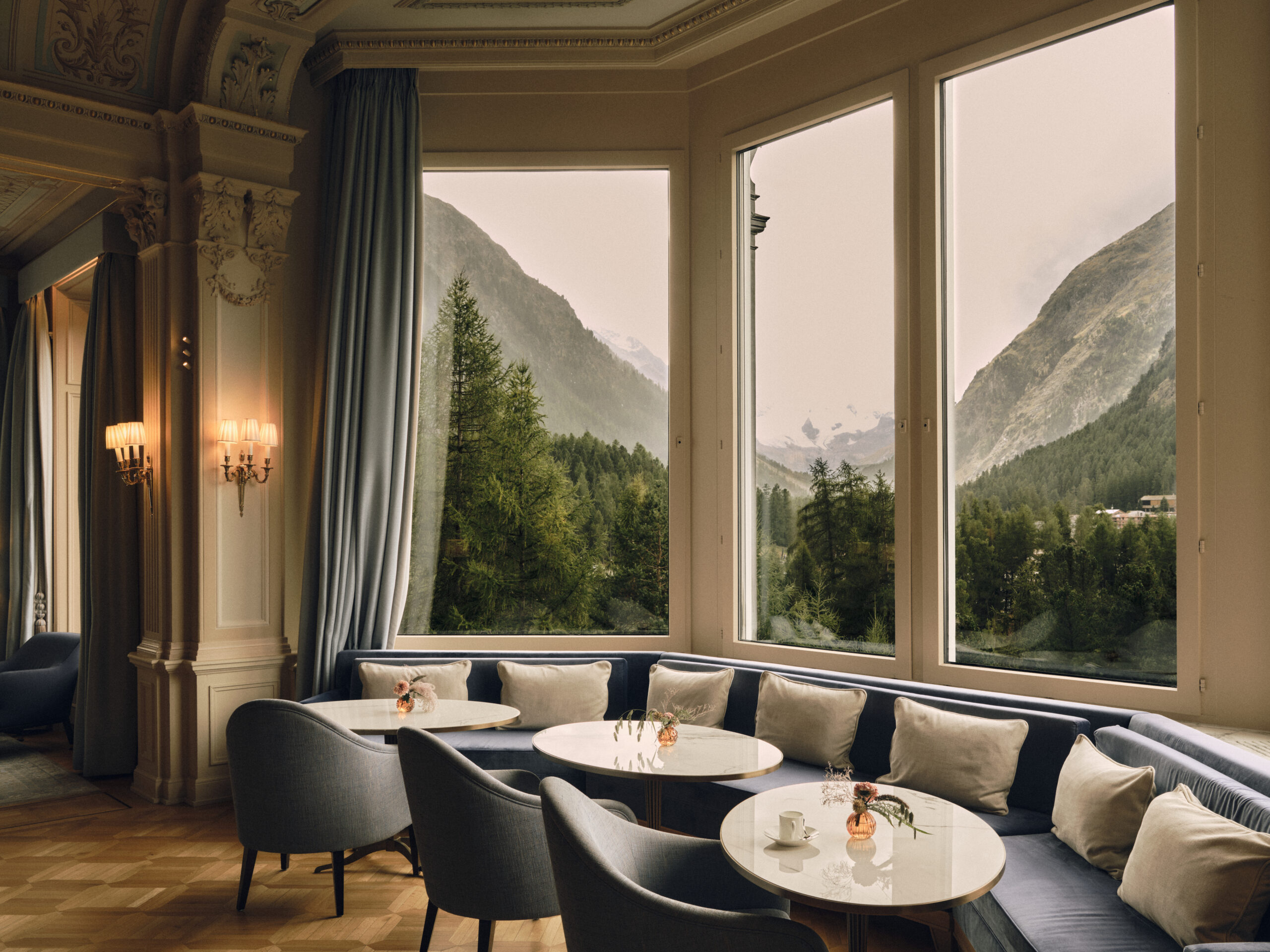 Elegant lounge with mountain views, perfect for a Swiss Alps wedding.