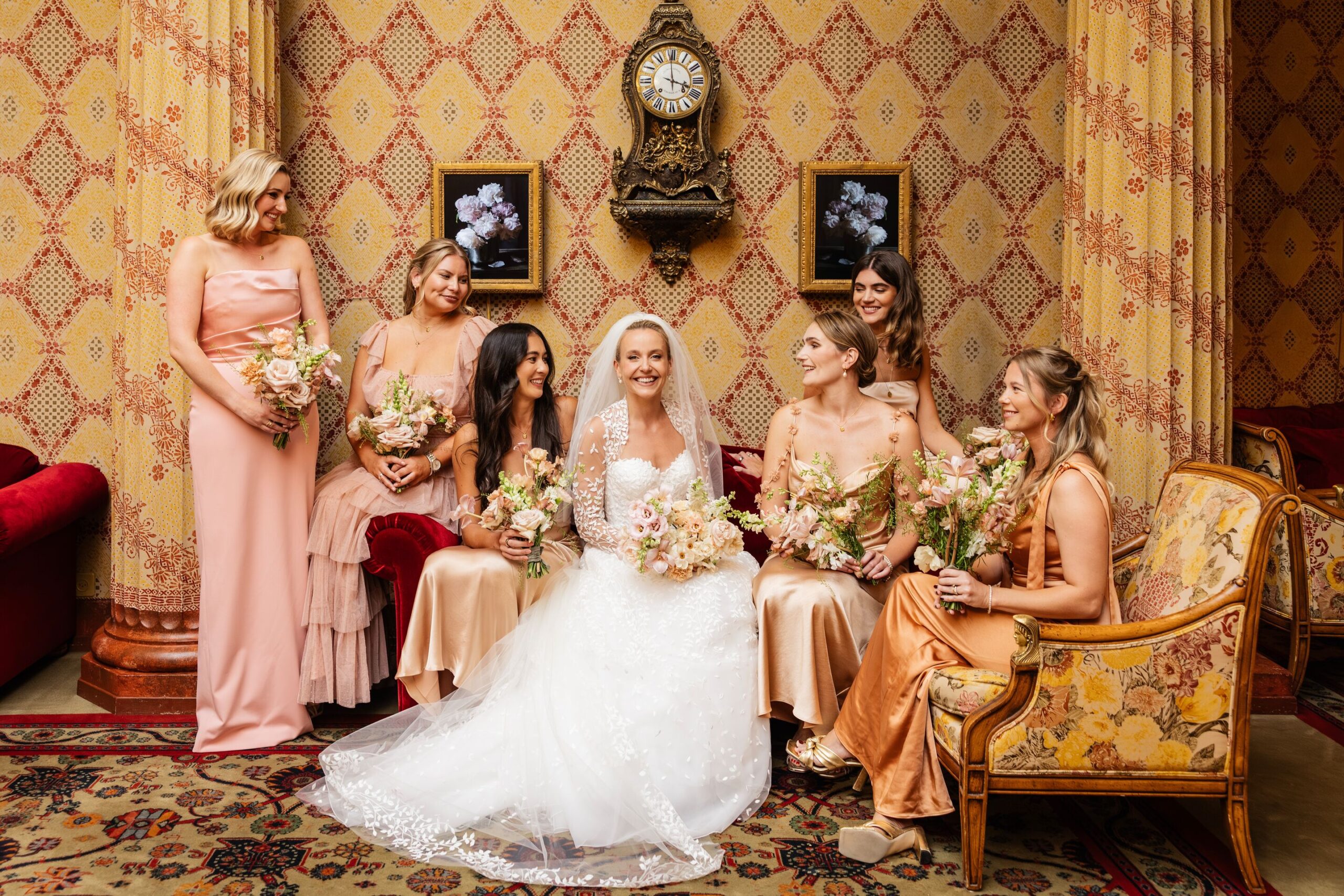 Bride with bridesmaids at Kulm Hotel St. Moritz, Switzerland Wedding.
