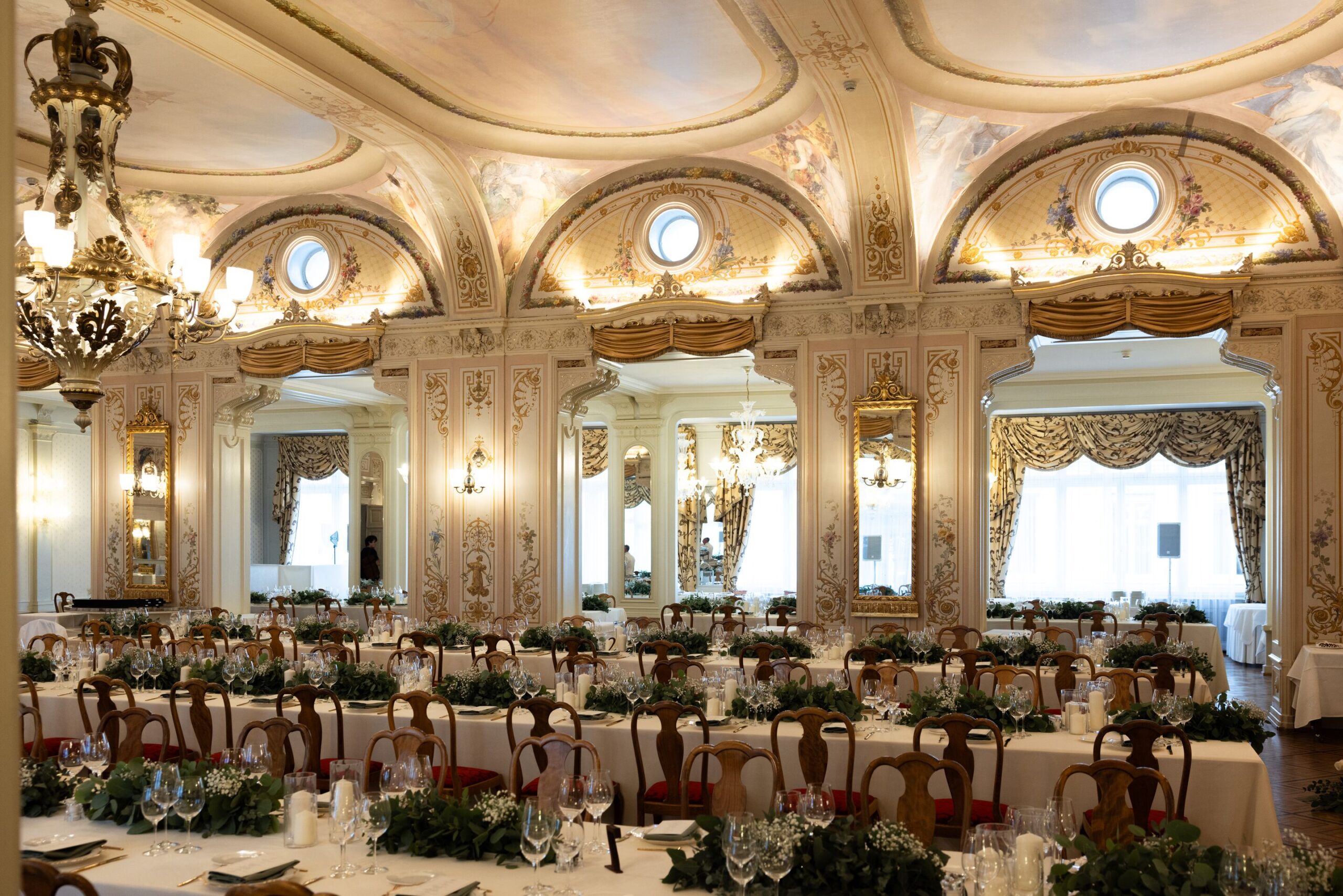 Grand ballroom set for a Swiss Alps wedding at the Grand Hotel Kronenhof.