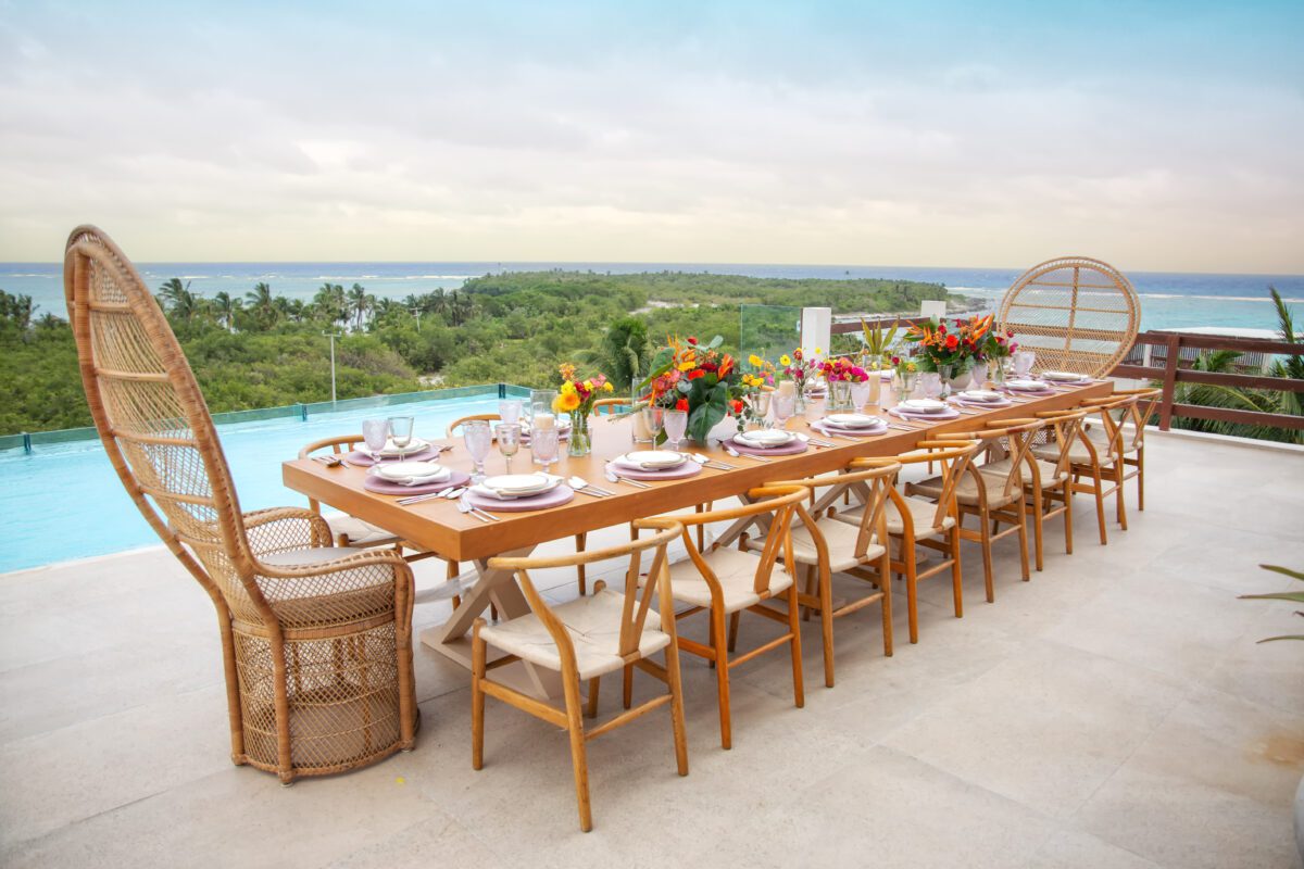 Outdoor dining setup at Jashita Hotel Tulum, a stunning Tulum wedding venue with ocean views.