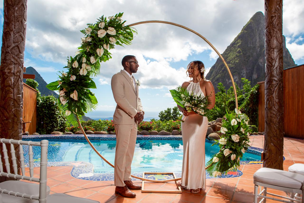 Island wedding at Ladera Resort with Pitons view.