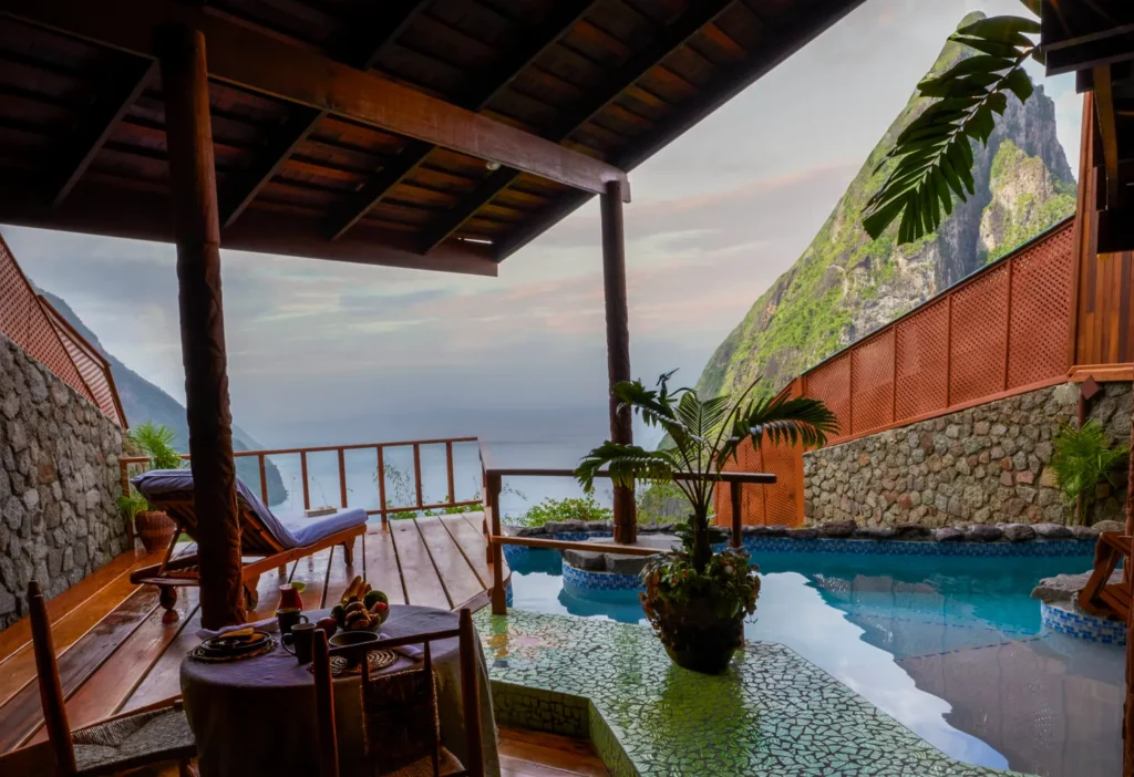 Private suite at Ladera Resort with plunge pool and Piton mountain views, ideal for an island wedding & honeymoon