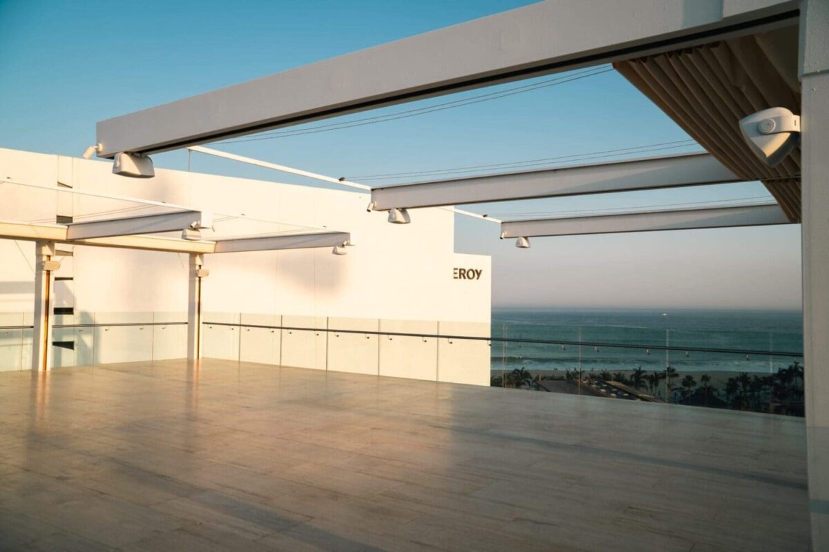 Modern rooftop terrace at Viceroy Los Cabos overlooking the beach. 