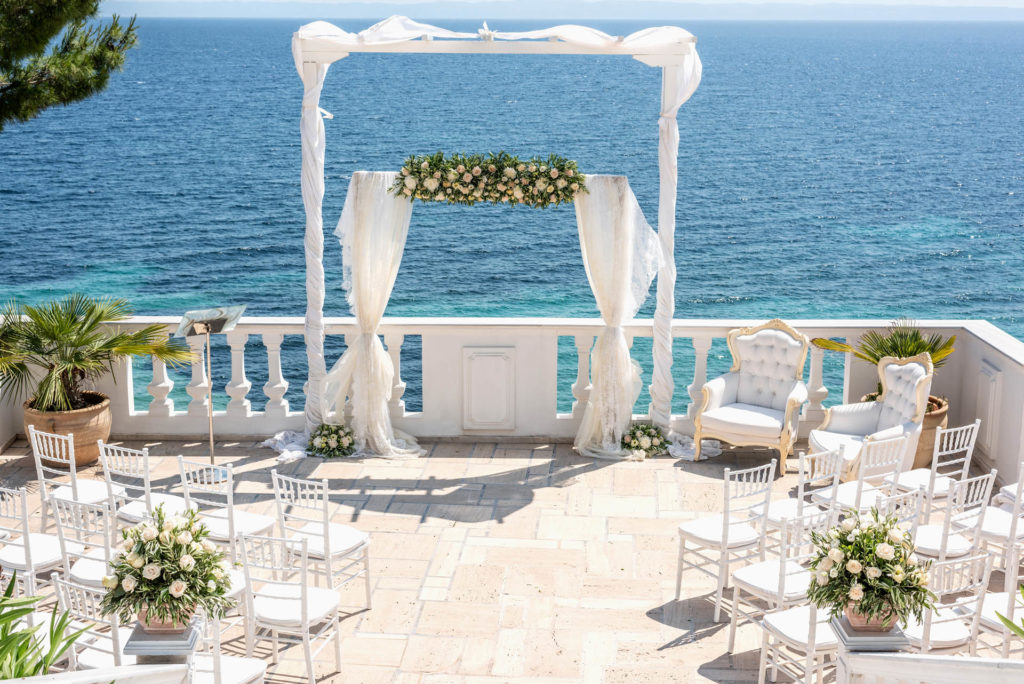 Wedding setup on terrace overlooking the sea