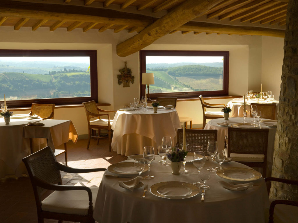 dining room with windows overlooking Tuscan countryside