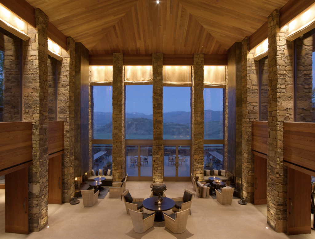 40 foot ceilings of a luxury mountain resort lobby in Wyoming