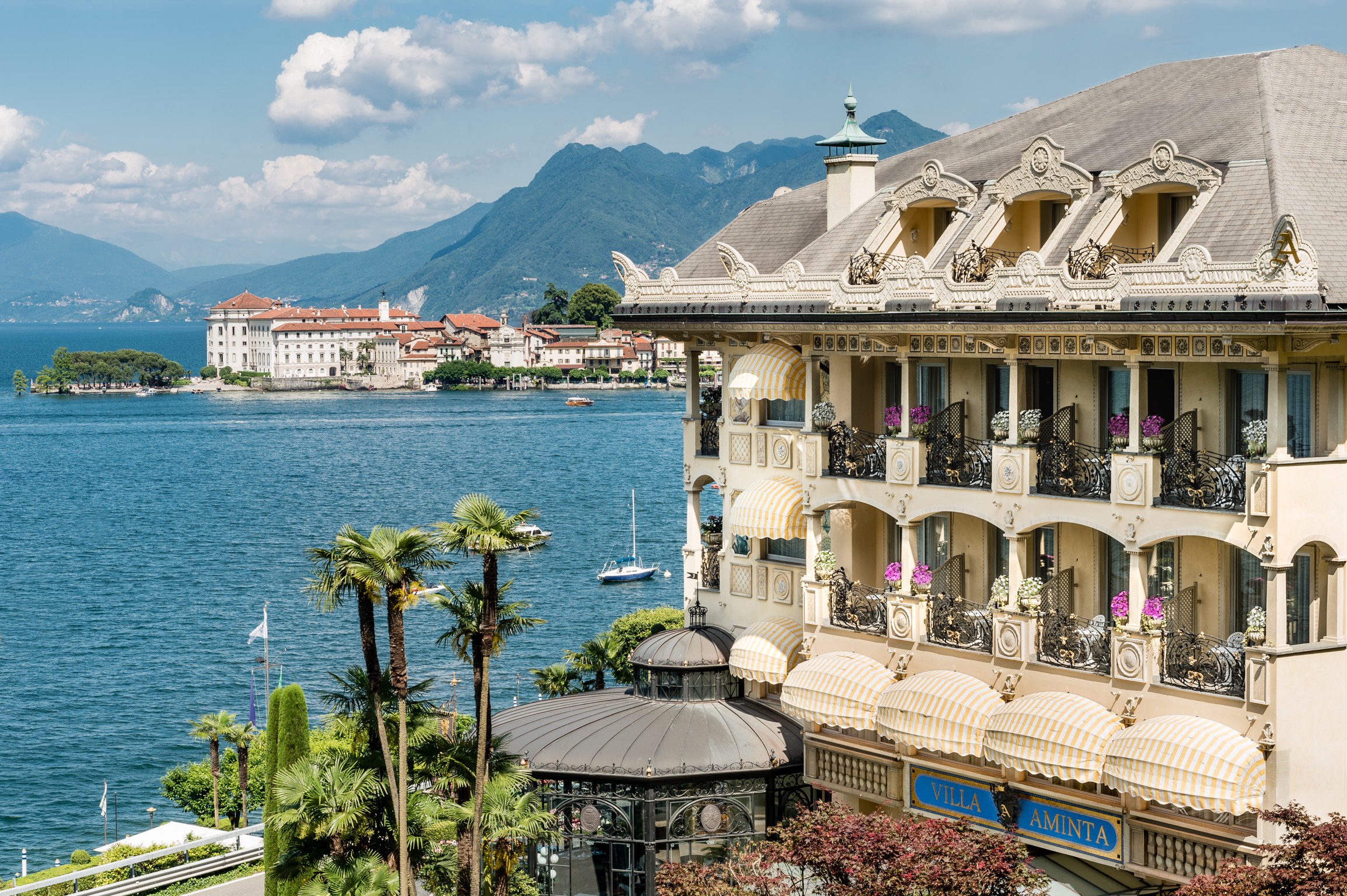 Hotel facade overlooking island in Italy