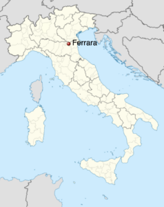 Map of Italy indicating Ferrara, Emilia Romagna