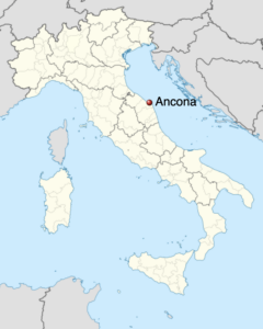 Map of Italy indicating ANCONA, MARCHE