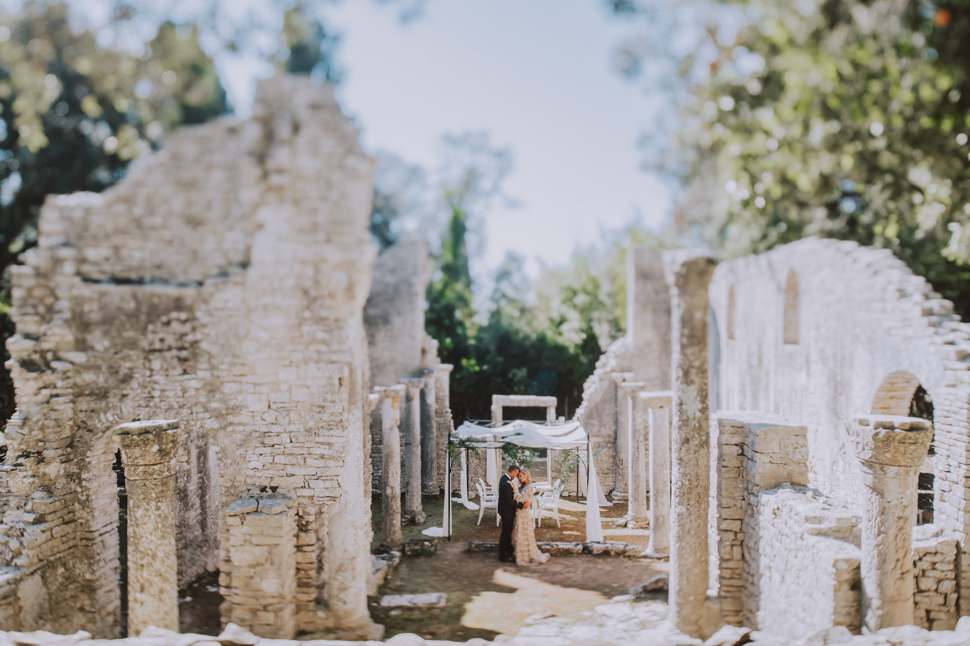 Ancient ruins in Istria, Croatia with a wedding couple