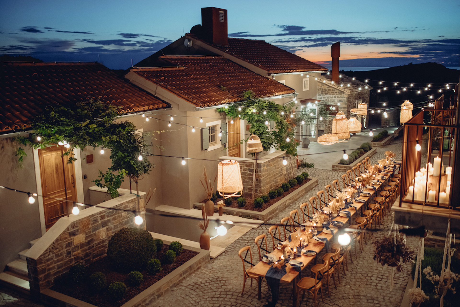 A charming European town in Croatia with a wedding set up in the street