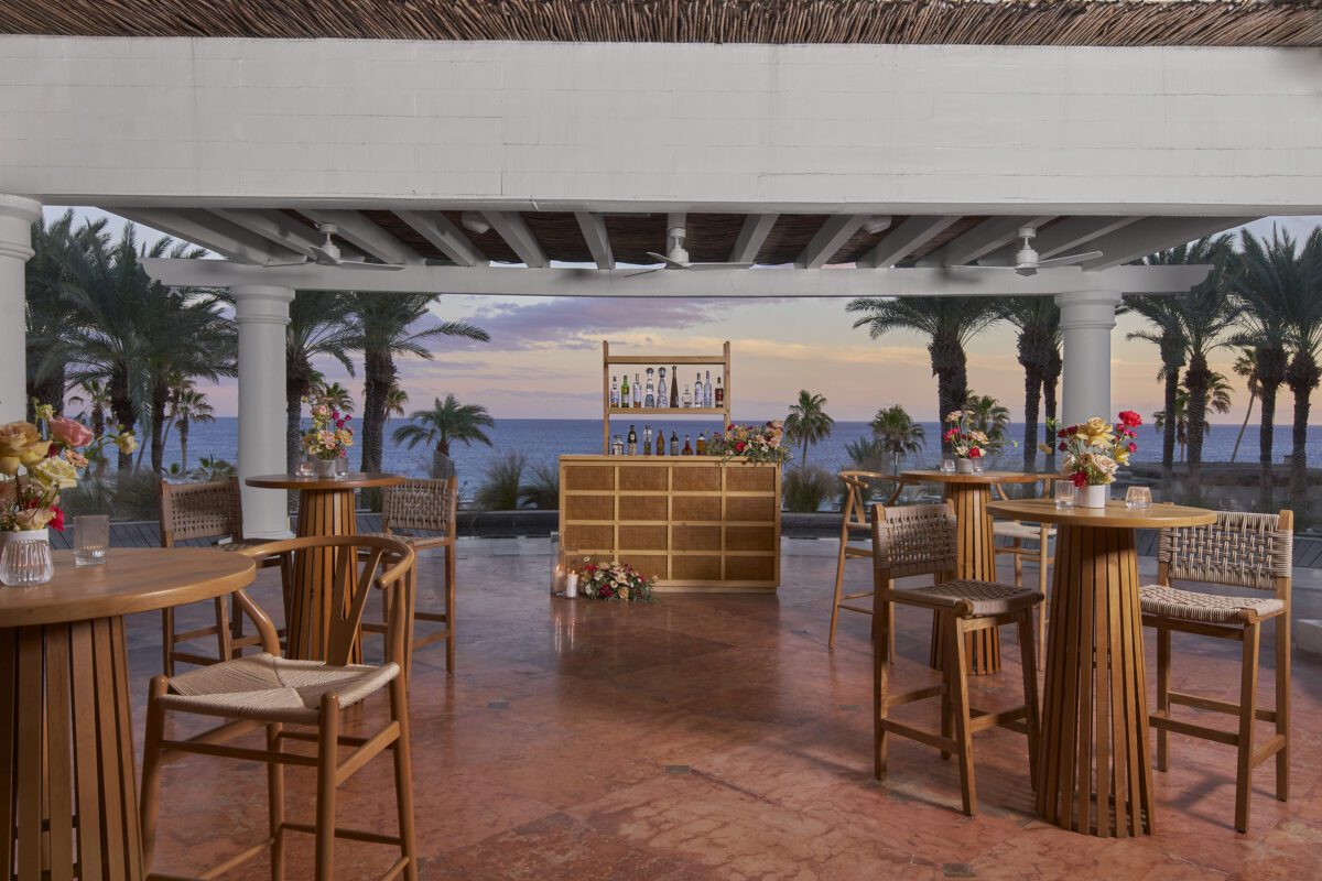 Los Cabos destination wedding bar setup at Hilton Los Cabos with ocean view.