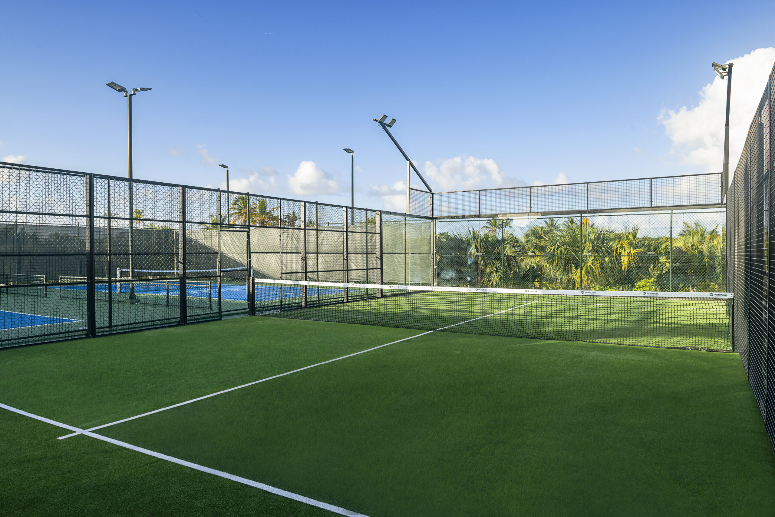 Padel tennis courts at Zemi Miches All-Inclusive Resort with palm trees in the background.