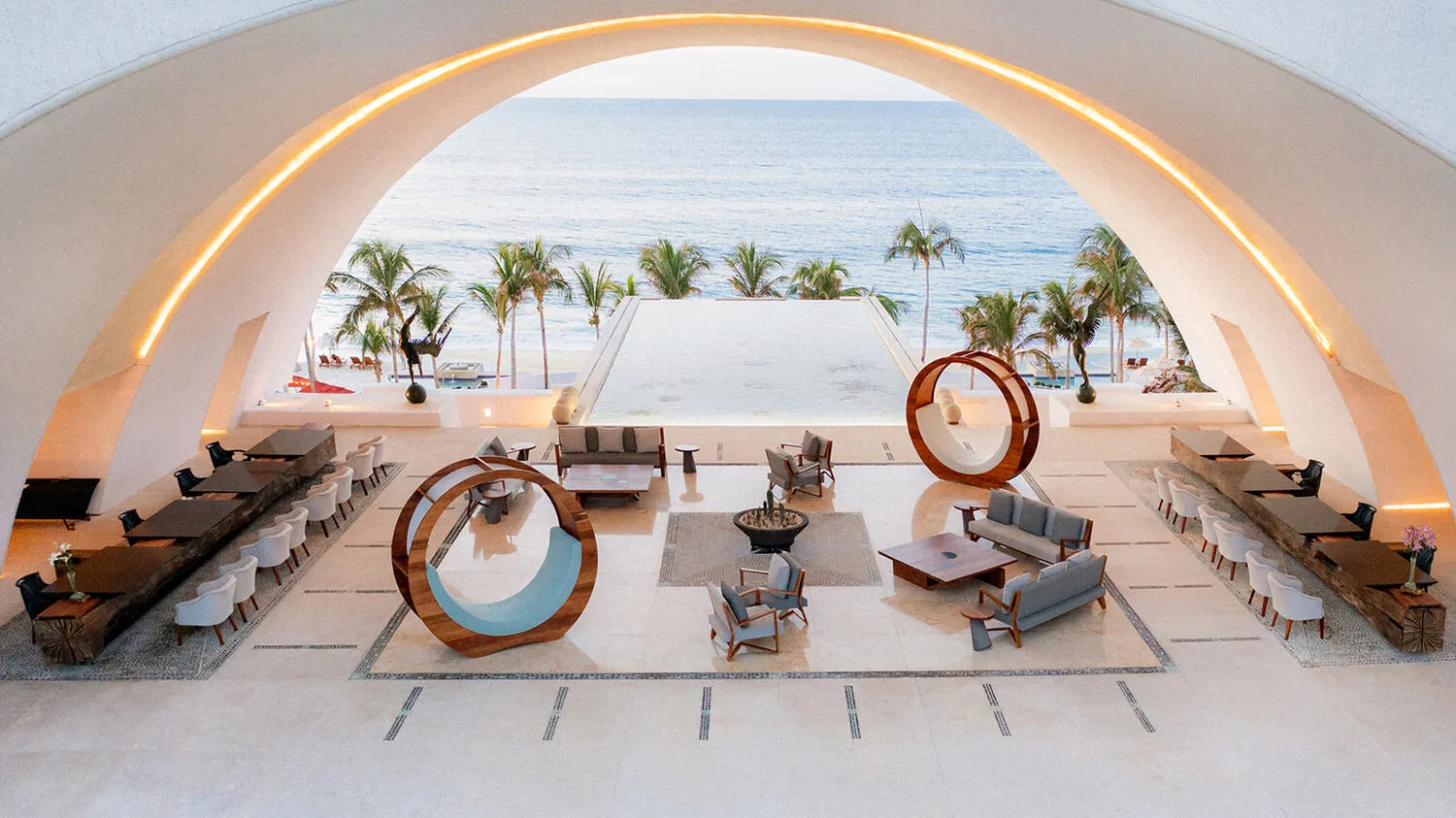 Stunning lobby at Marquis Los Cabos, overlooking the ocean. Ideal Los Cabos wedding destination.