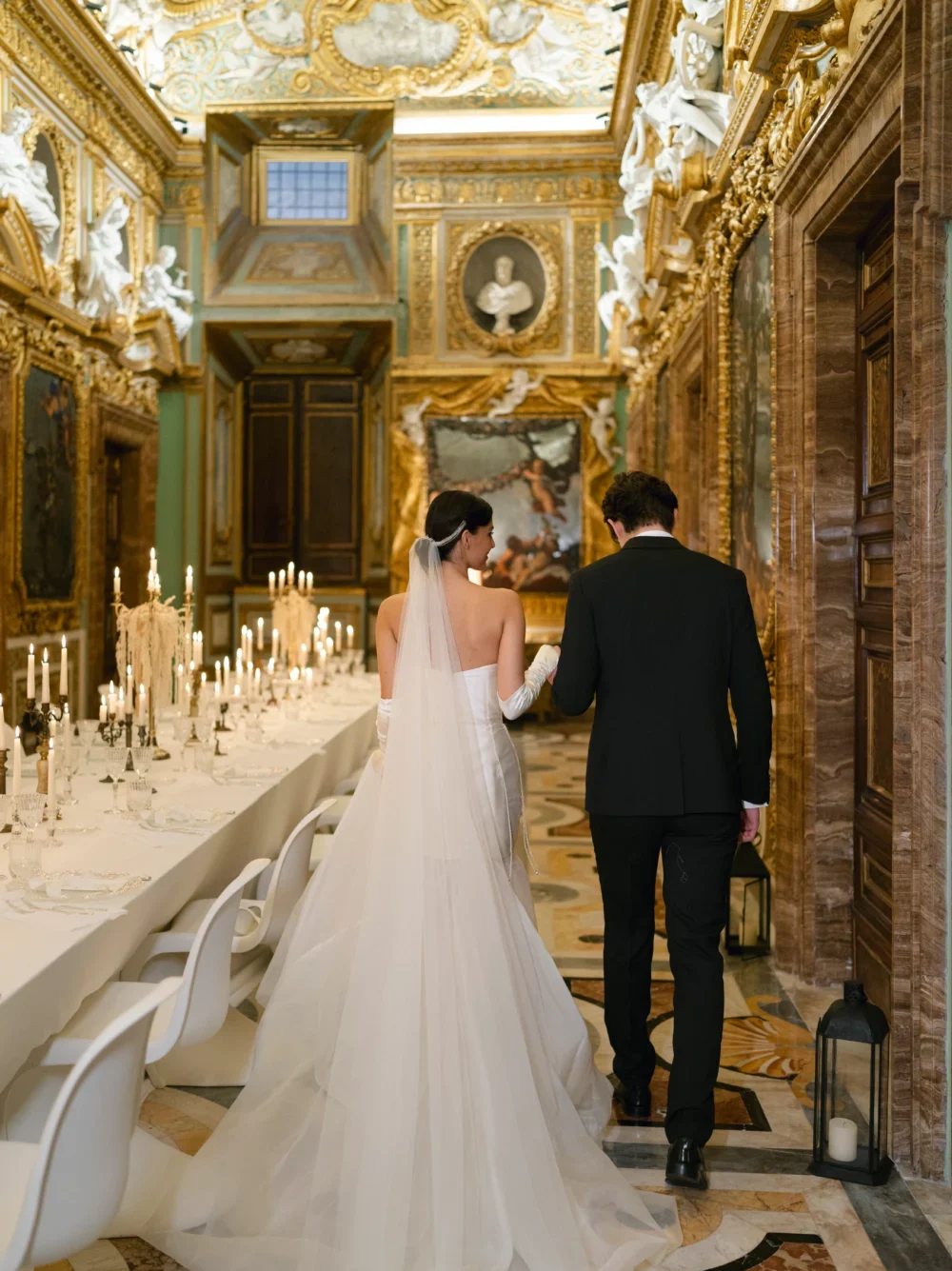 Bride and groom walking down aisle toward wedding reception. Why partner?