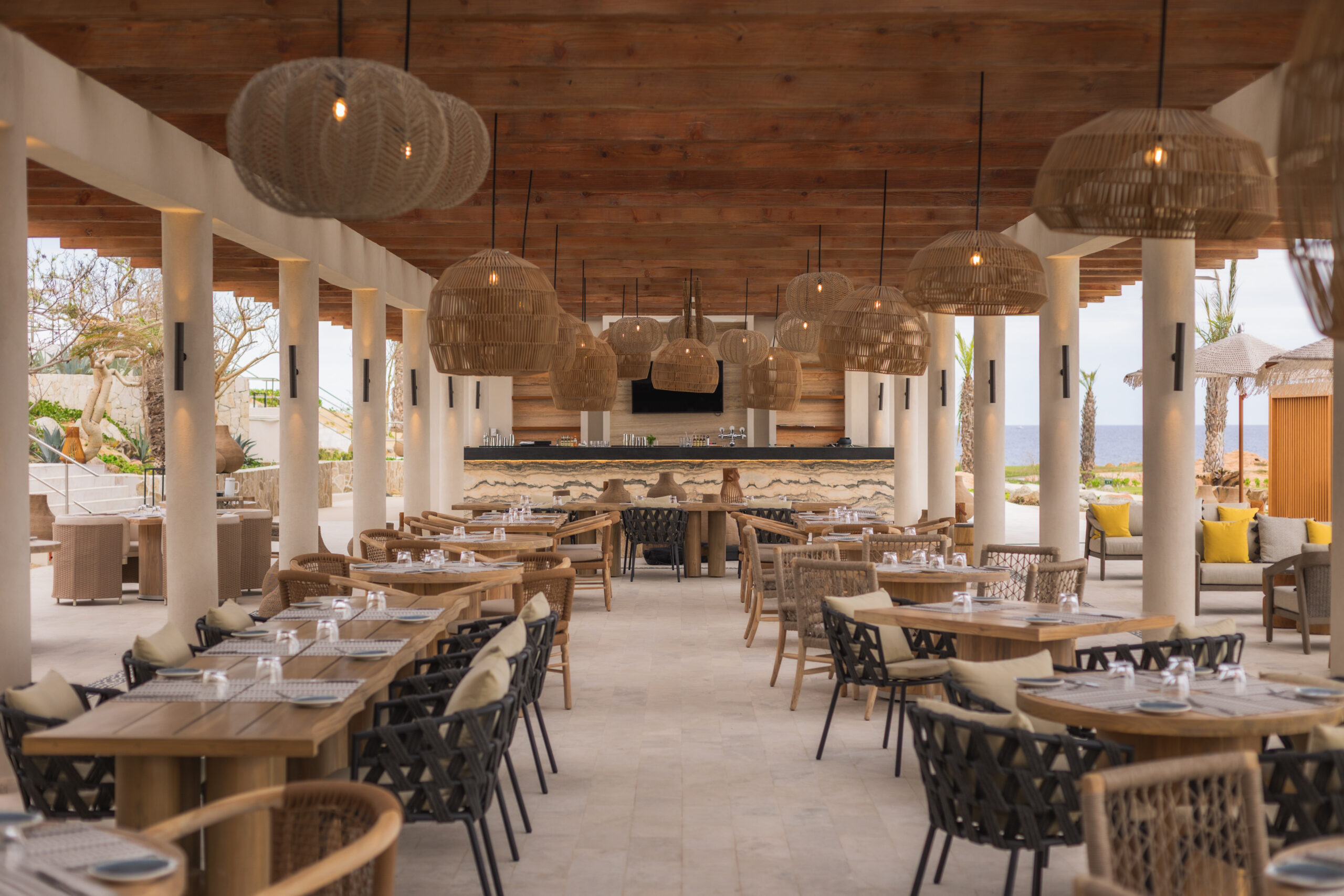 Park Hyatt Los Cabos wedding reception area with woven pendant lights.