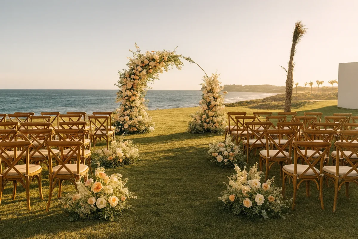 Wedding ceremony setup at Park Hyatt Los Cabos with ocean view. Park Hyatt Los Cabos wedding.