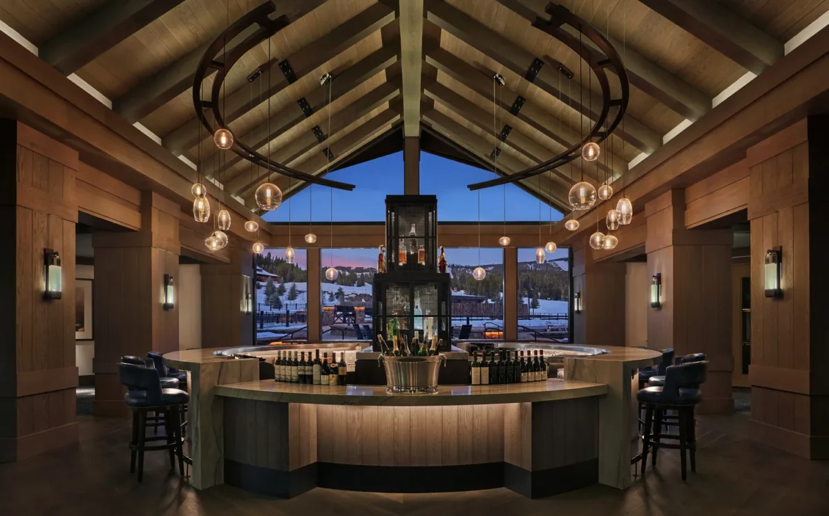 Luxury bar at Montage Big Sky, a Montana wedding venue, with a scenic mountain view.